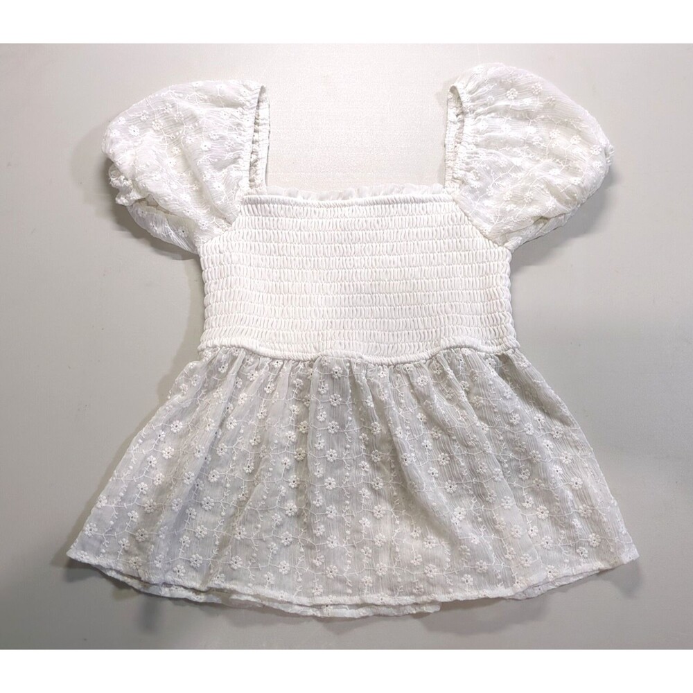 Mi Ami Smocked Bodice Peasant Top babydoll Blouse White M